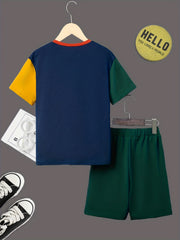 Boy's 2pcs T shirt & Elastic Waist Shorts Set LOS ANGELES Print Short Sleeve Top