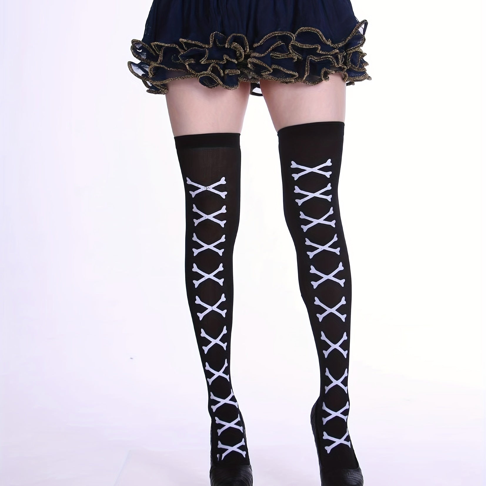 Skull & Bat Print Over The Knee Socks for Halloween