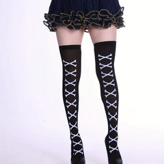 Skull & Bat Print Over The Knee Socks for Halloween