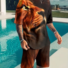 Men's Lion Graphic T-shirt & Comfy Shorts Set for Outdoor