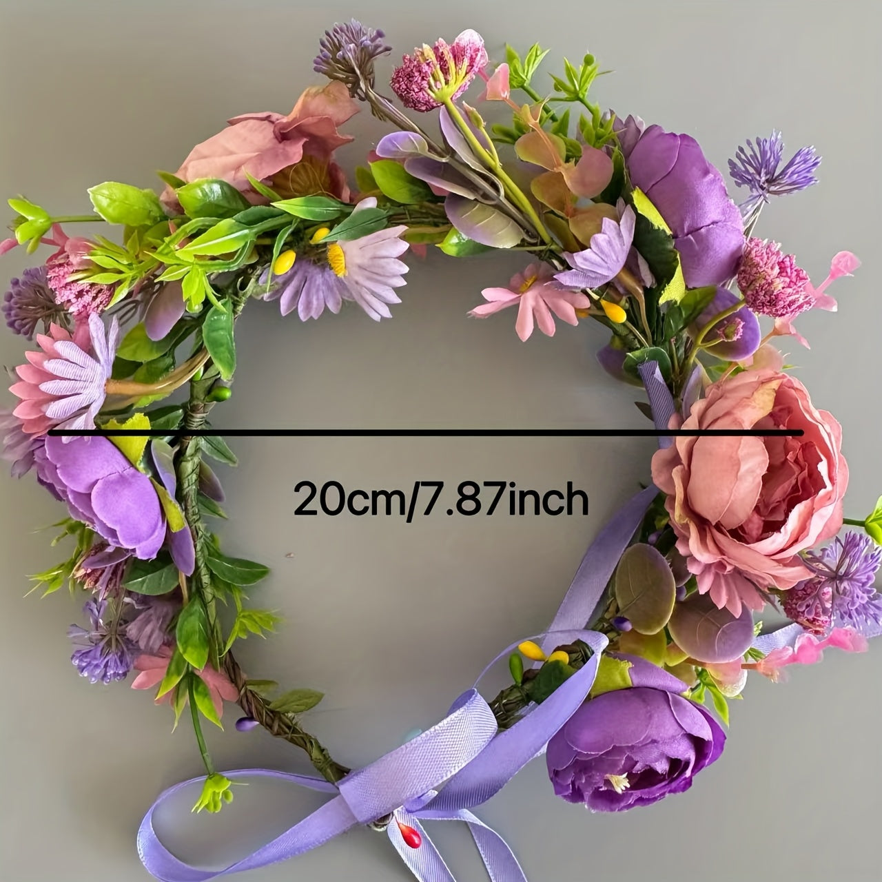 Bohemian Floral Wreath Headband with Purple & Pink Flowers Ribbon Bow