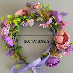 Bohemian Floral Wreath Headband with Purple & Pink Flowers Ribbon Bow