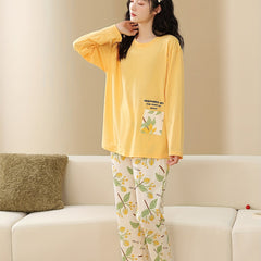 Floral Print Pajama Set Long Sleeve Crew Neck Top & Elastic Waistband Pants