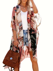Floral Print Kimono Sleeve Cover Up Loose Open Front Cardigan Beachwear