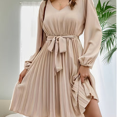 Tie Waist Pleated Dress Lantern Sleeve V neck Dress