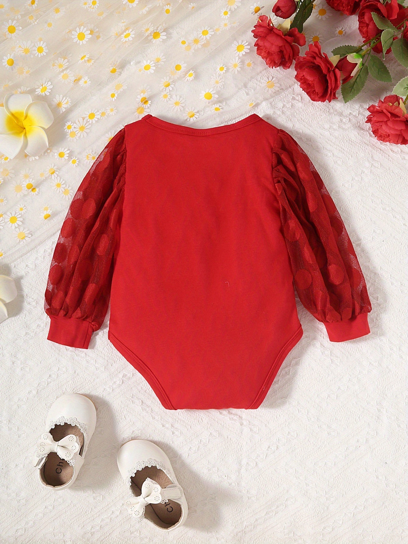 Baby Girls Mesh Dotted Long Sleeve Romper Creeper