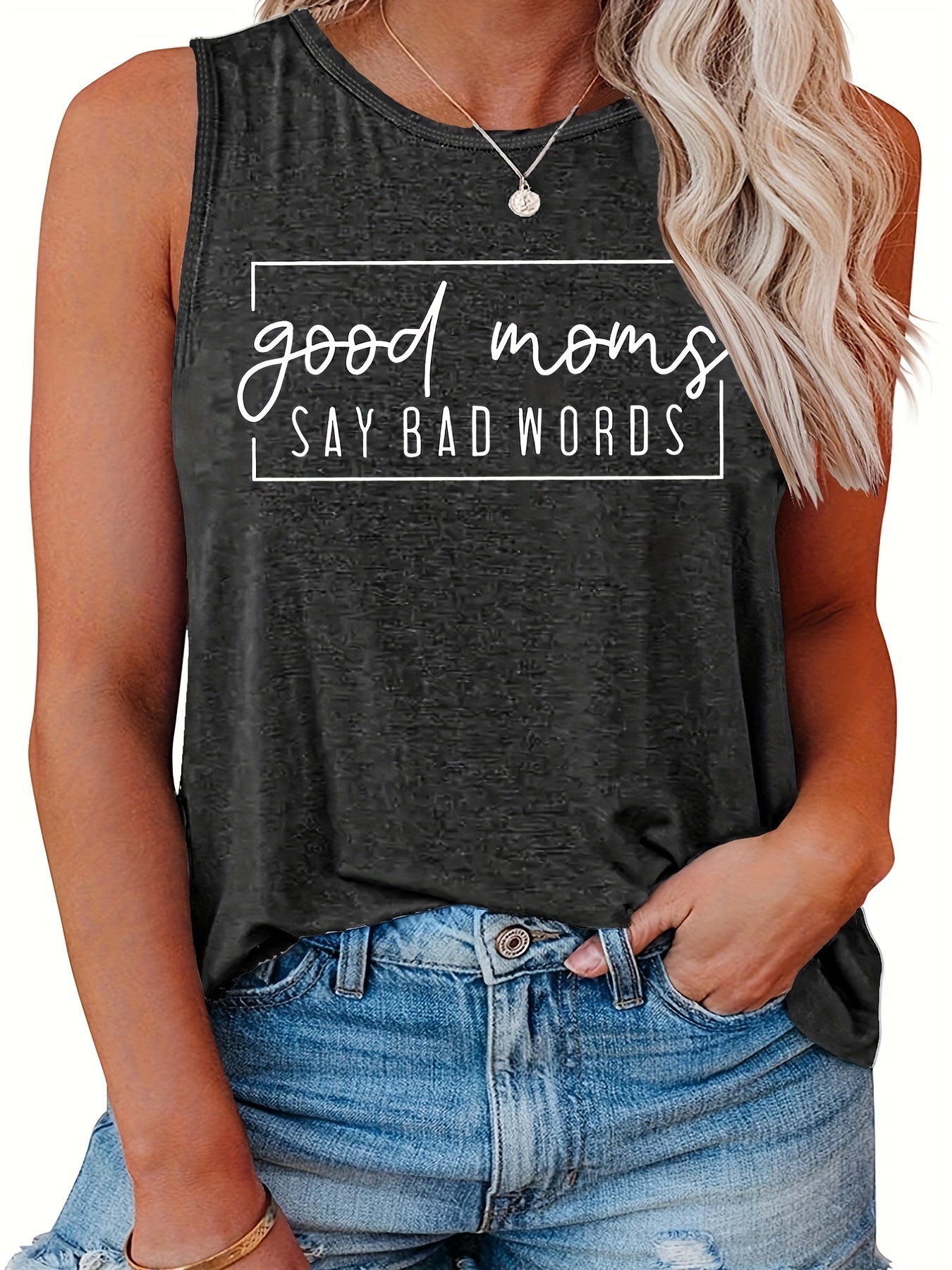 Casual Top Women's Plus Slogan Print Round Neck Tank Top