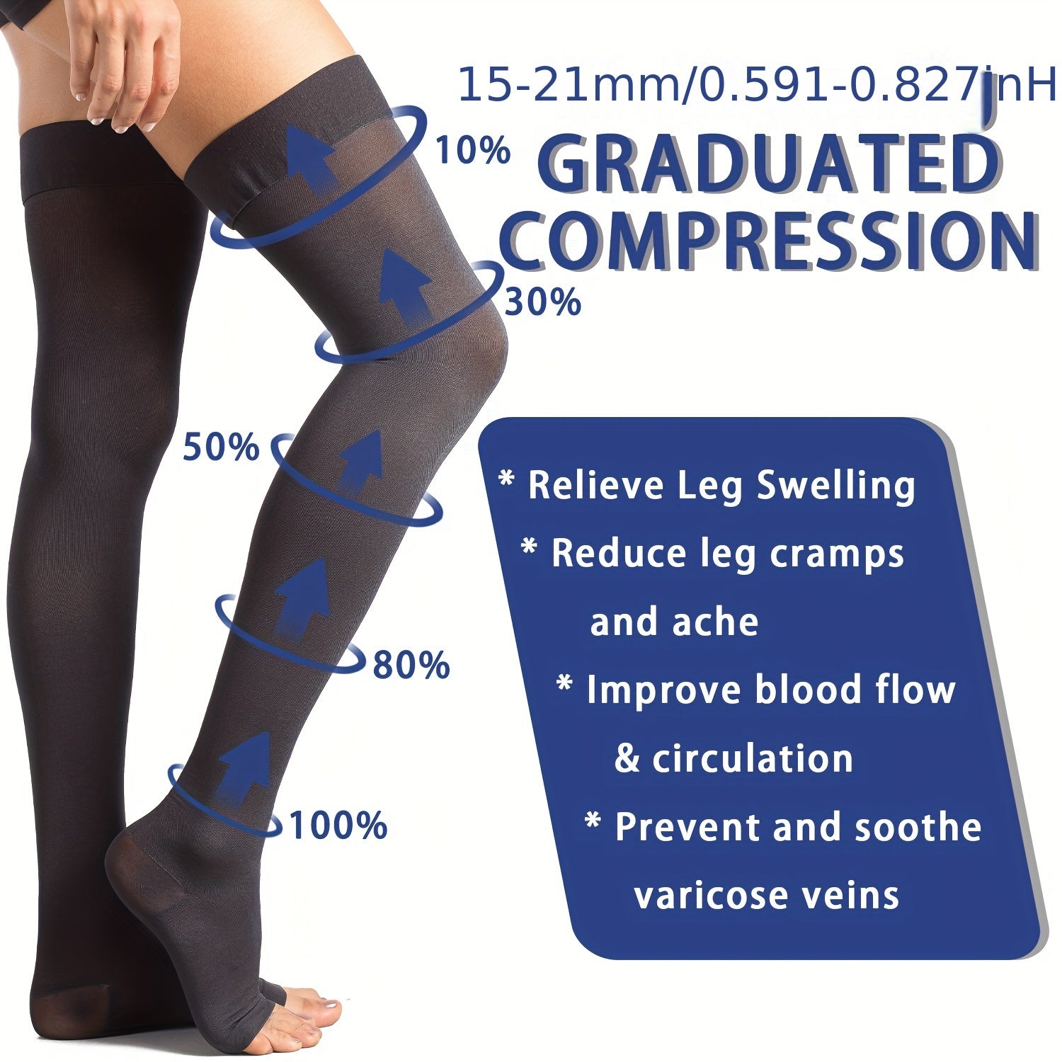 1pair Thigh High Compression Stockings Unisex 15-20mmHg Leg Support Hose