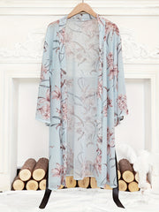 Floral Print Mesh Night Robe Long Sleeve Robe With Belt Women's Lingerie
