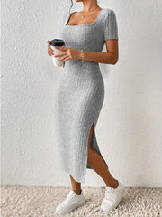 Y2K Ribbed Split Bodycon Dress Square Neck Short Sleeve for Spring & Summer