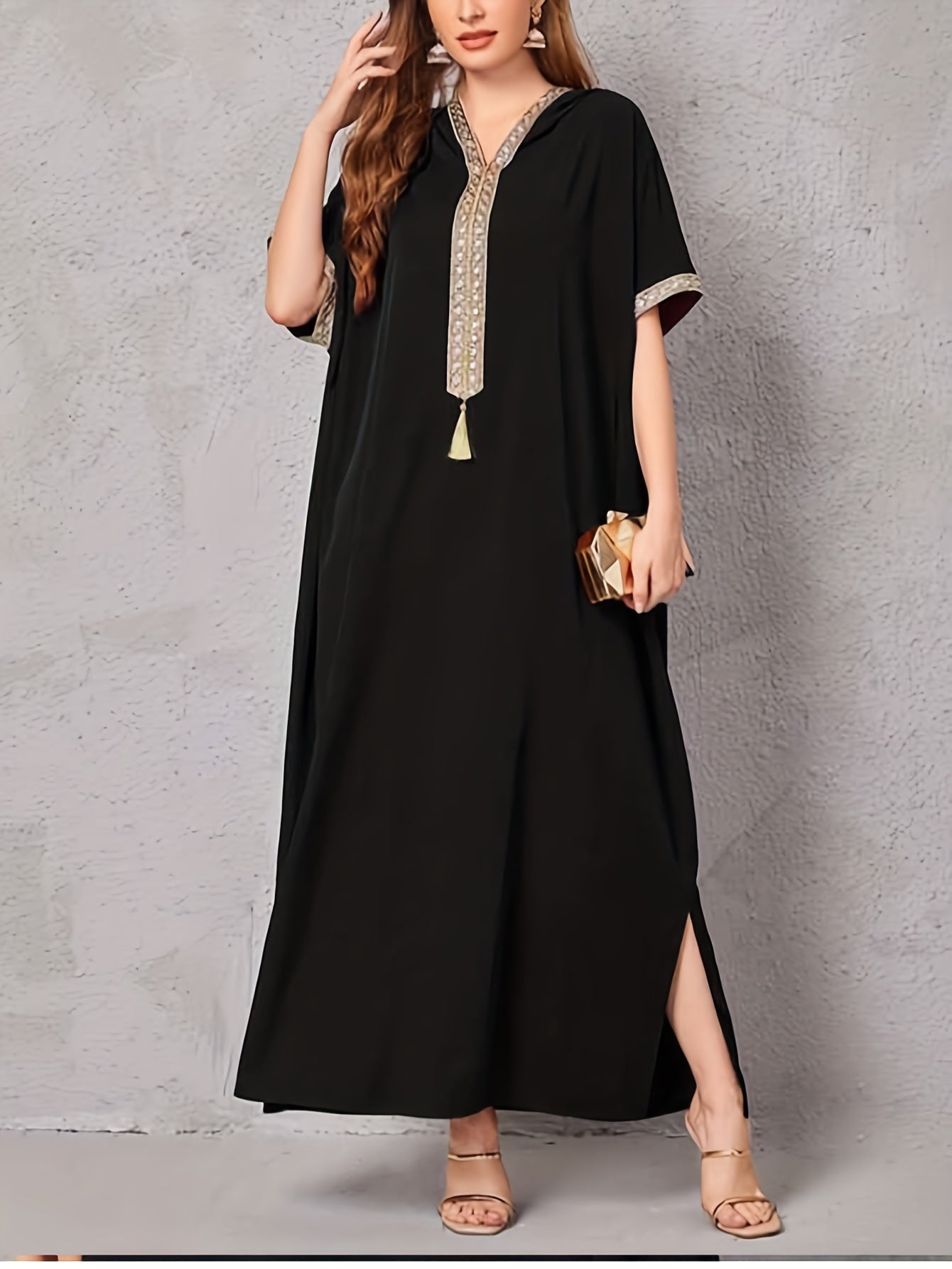 Contrast Guipure Lace Fringed Kaftan Dress