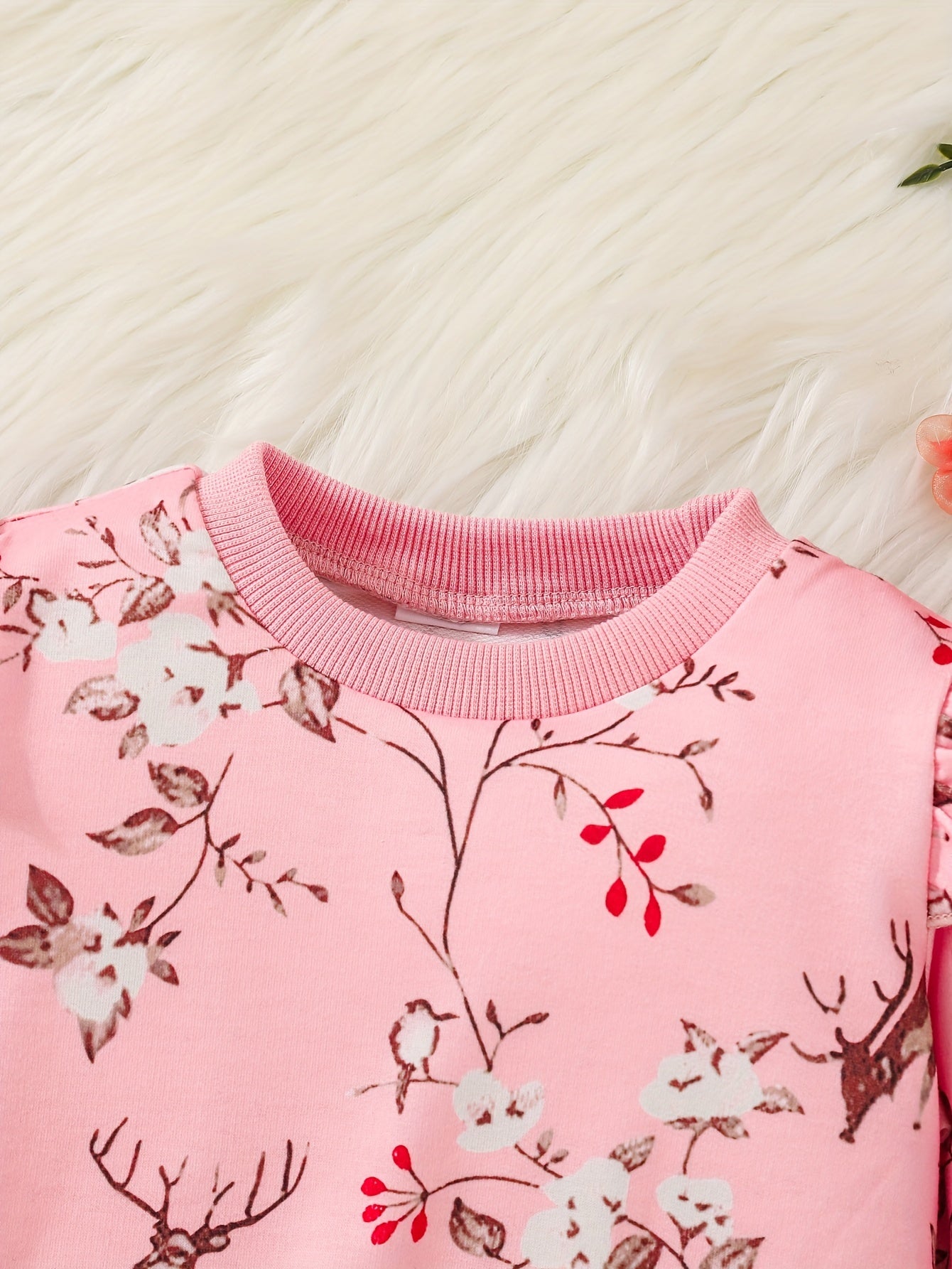 Baby Girls Fawn Floral Print Ribbed Flutter Sleeve Pullover Round Neck Tops