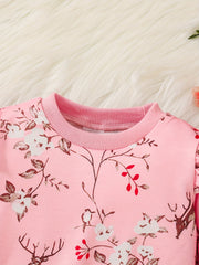 Baby Girls Fawn Floral Print Ribbed Flutter Sleeve Pullover Round Neck Tops