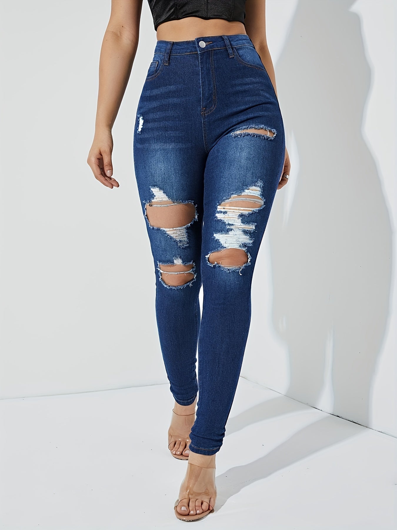High Waist Ripped Skinny Jeans Whiskering Stretchy High Rise