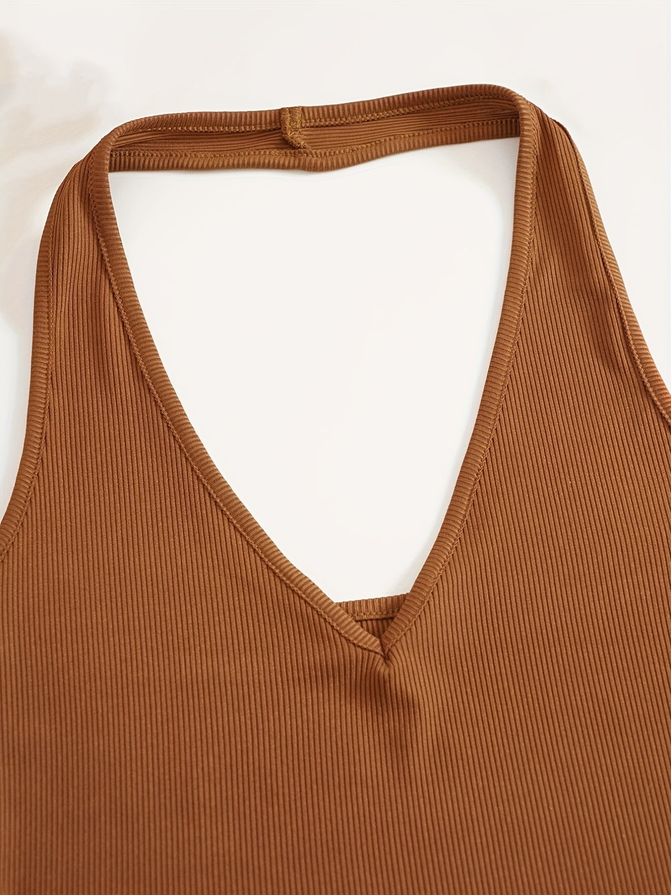 Ribbed Knit Halter Crop Top V Neck Slim Fit Tank Women's Top