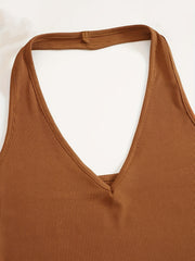 Ribbed Knit Halter Crop Top V Neck Slim Fit Tank Women's Top