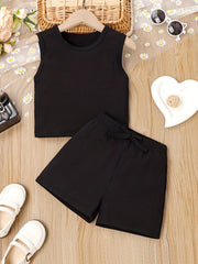 2pcs Toddler Girls Ribbed Knit Tank Top & Bow Front Shorts Set