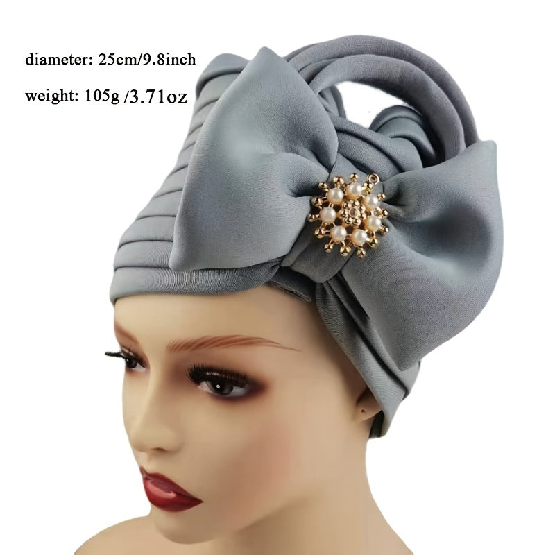 Faux Pearl Alloy Turban Cap Bow Bandana Hijab Hair Accessories