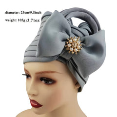 Faux Pearl Alloy Turban Cap Bow Bandana Hijab Hair Accessories