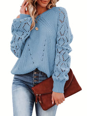 Casual Sweater Women's Eyelet Embroidered Lantern Sleeve