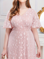 Polka Dot Mesh V Neck Maxi Evening Dress