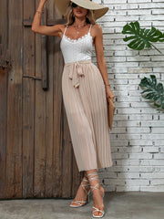 Eyelet Pleated Wide Leg Cami Jumpsuit Sleeveless Belted Jumpsuit