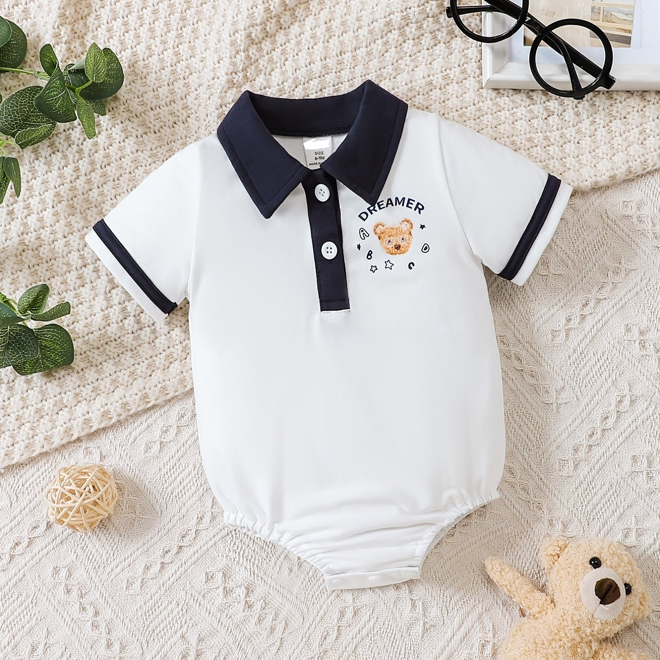 Baby Boys Bear Graphic Polo Neck Bodysuit