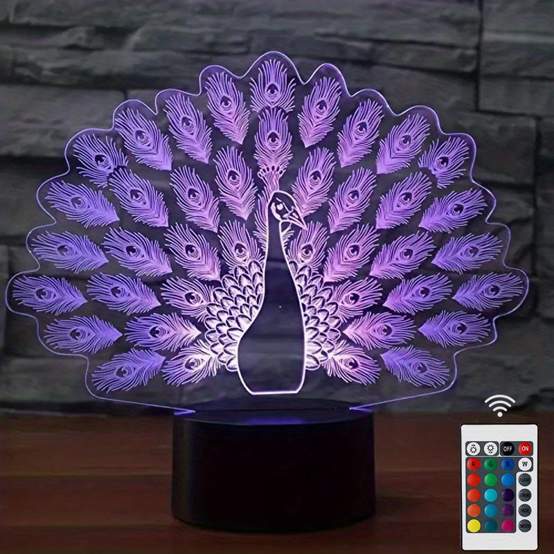 Peacock 3D Night Light Lamp 16 Colors Remote Control Kids