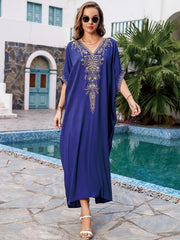Embroidered Boho Kaftan Dress V Neck Beach Cover Up