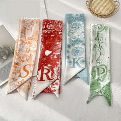 Letters Print Scarf Thin Long Small Silk Scarf Tie Bag Decoration