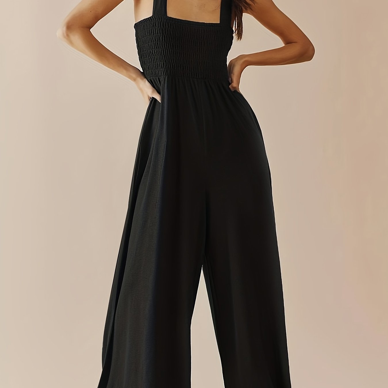 Sleeveless Shirred Cami Jumpsuit Wide Leg High Waist