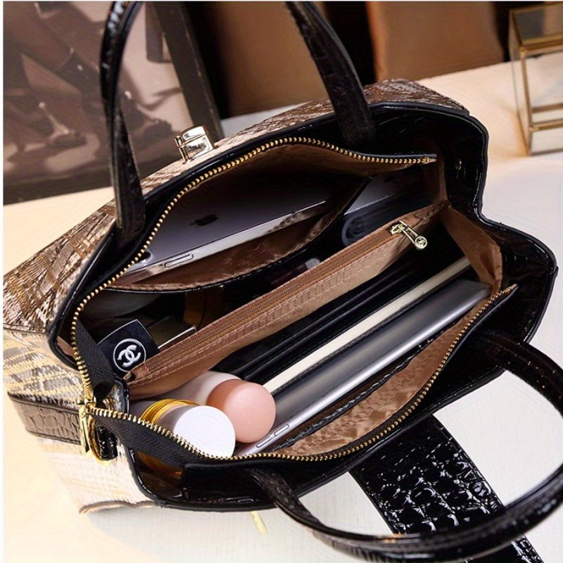 Women's Snake Pattern Tote Handbag Golden Tone Accents