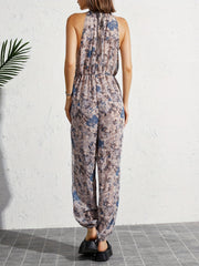 Print Tie Neck Side Split Cover Up Jumpsuit Sexy Beach Cover Up