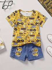 Excavator Pattern T shirt & Denim Shorts Set for Boys
