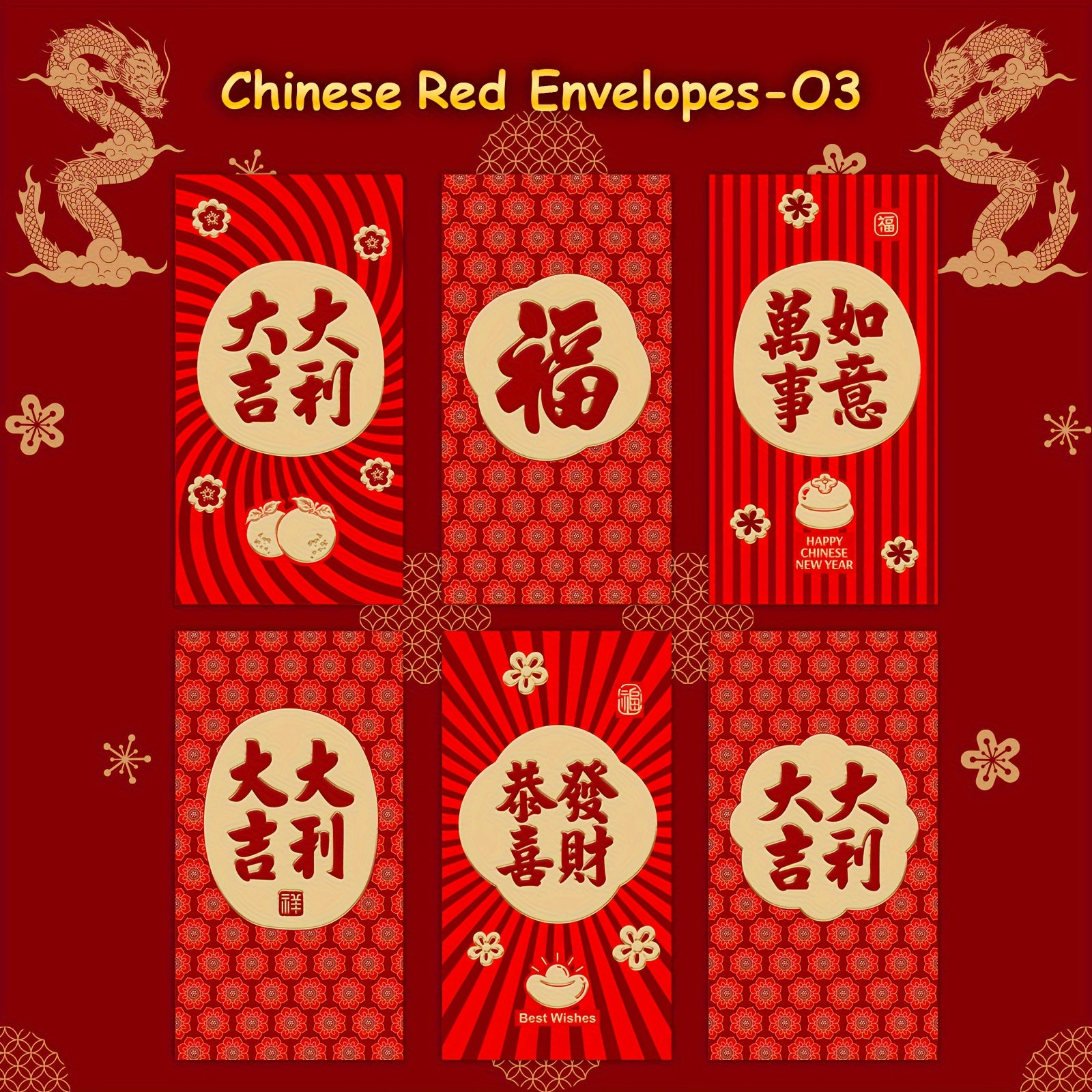 6pcs 3D Embossing Red Envelopes for Lucky Money