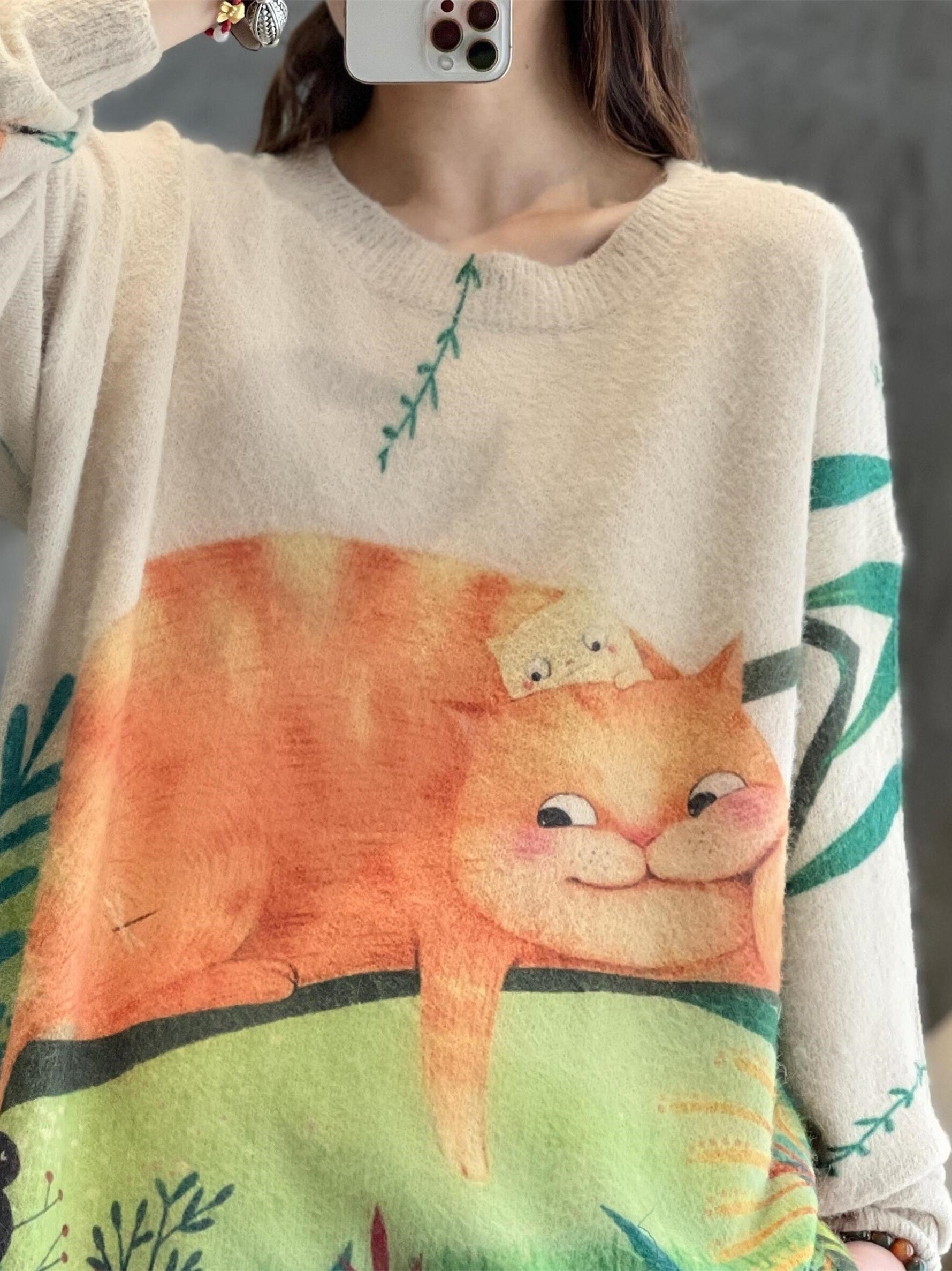Cartoon Cat Print Long Sleeve Pullover Jumper