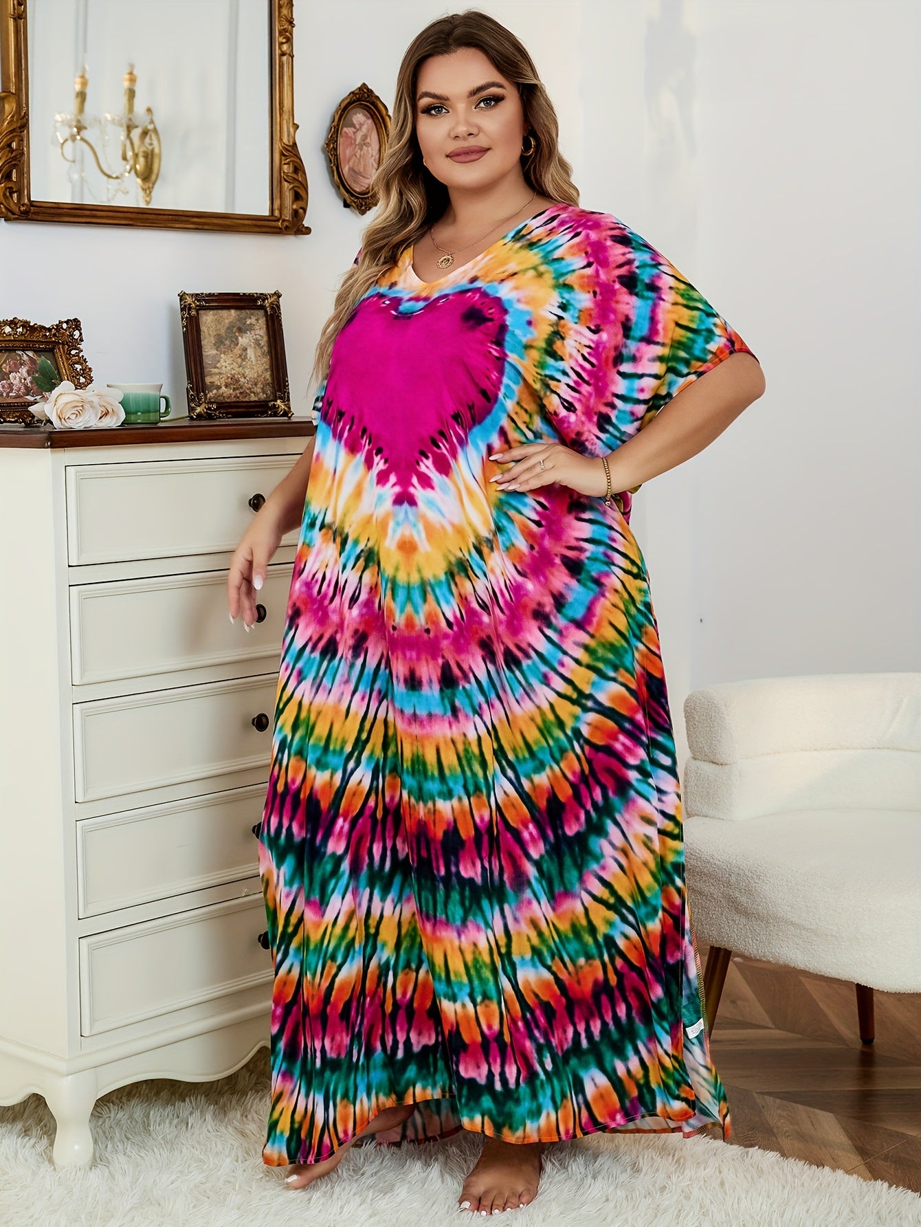 Boho Cover Up Women's Plus Tie Dye Print Split Maxi Beach Cover Up