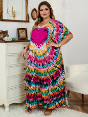 Boho Cover Up Women's Plus Tie Dye Print Split Maxi Beach Cover Up