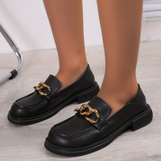 Chain Decor Chunky Heel Loafers Slip On Comfortable Walking Shoes