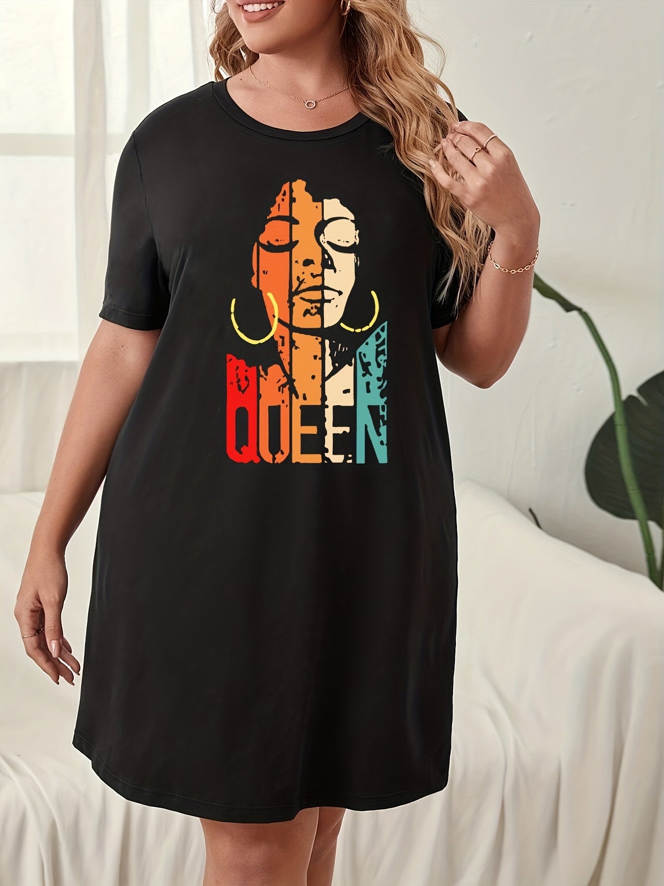 Figure Print Short Sleeve Sleep Dress