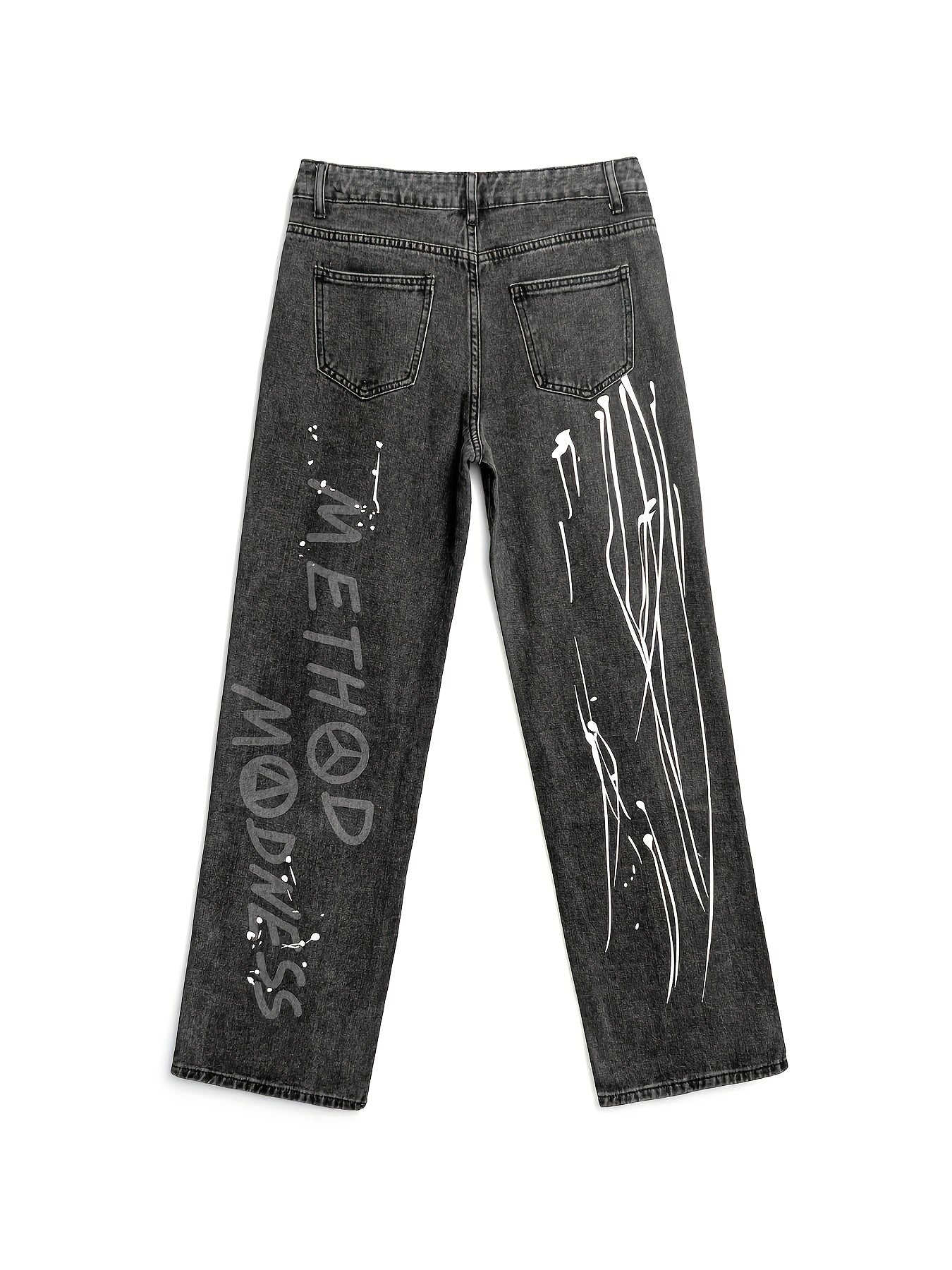Hip Hop Printed Jeans Mens Casual Vintage Loose Fit Wide Leg Denim Pants