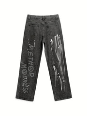 Hip Hop Printed Jeans Mens Casual Vintage Loose Fit Wide Leg Denim Pants