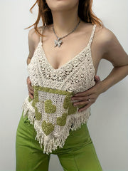 Hollow Out Fringe Trim V Neck Cami Top