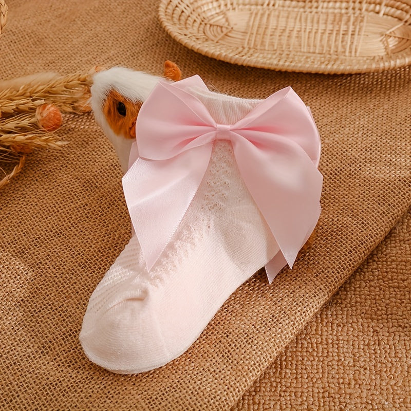 Girls' Retro Mesh Court Style Crew Socks, Big Bow Design