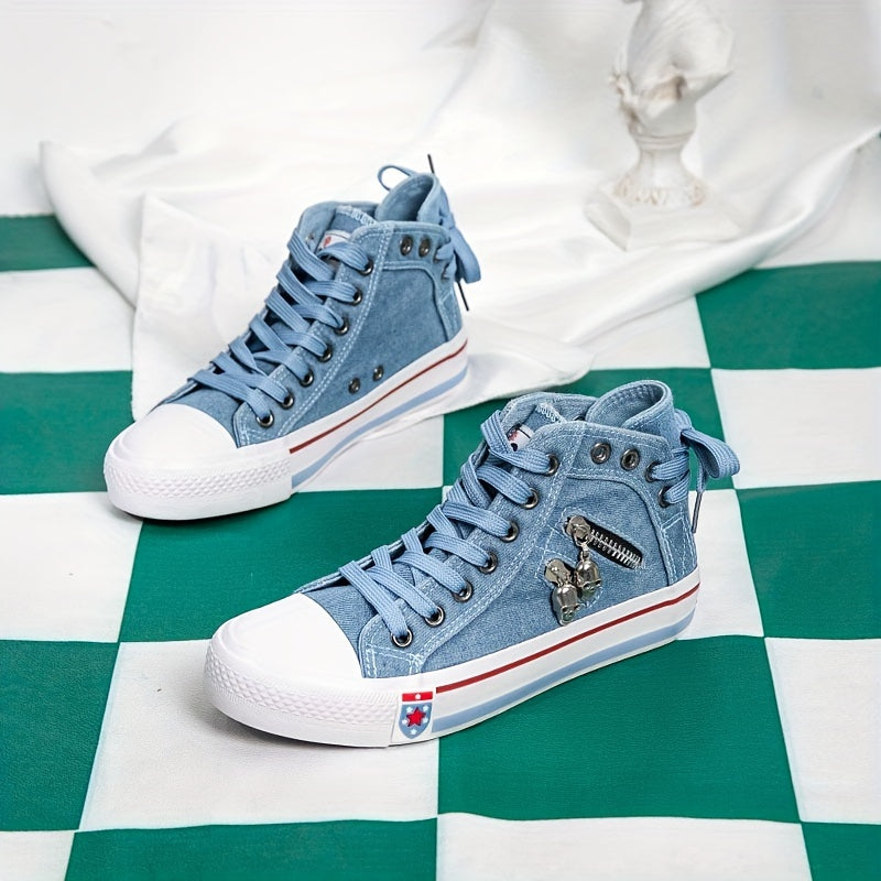 Women's Skull Zipper Denim Canvas Shoes Casual High Top Flat Shoes