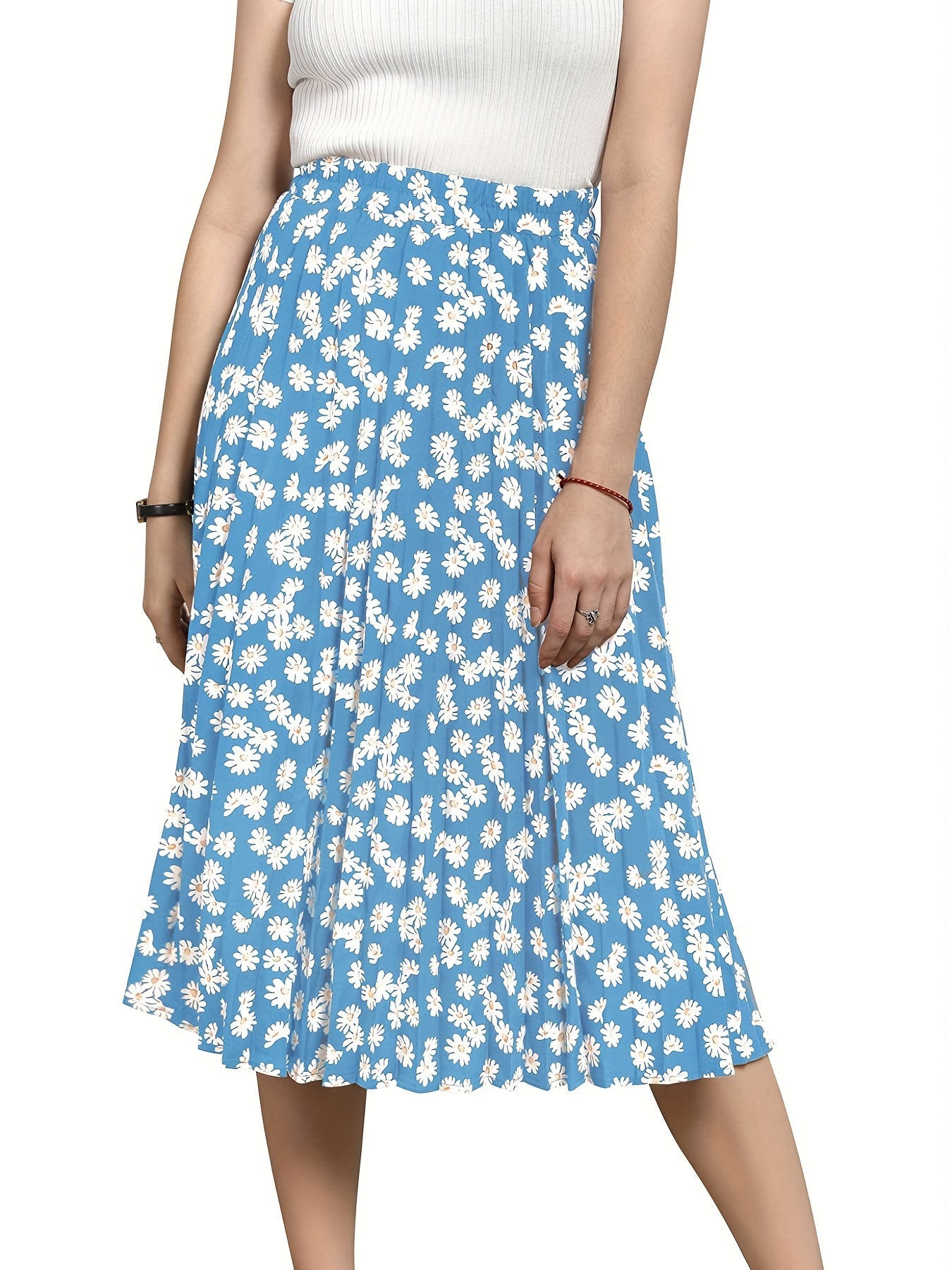 Boho High Waist Floral Print Pleated Skirt