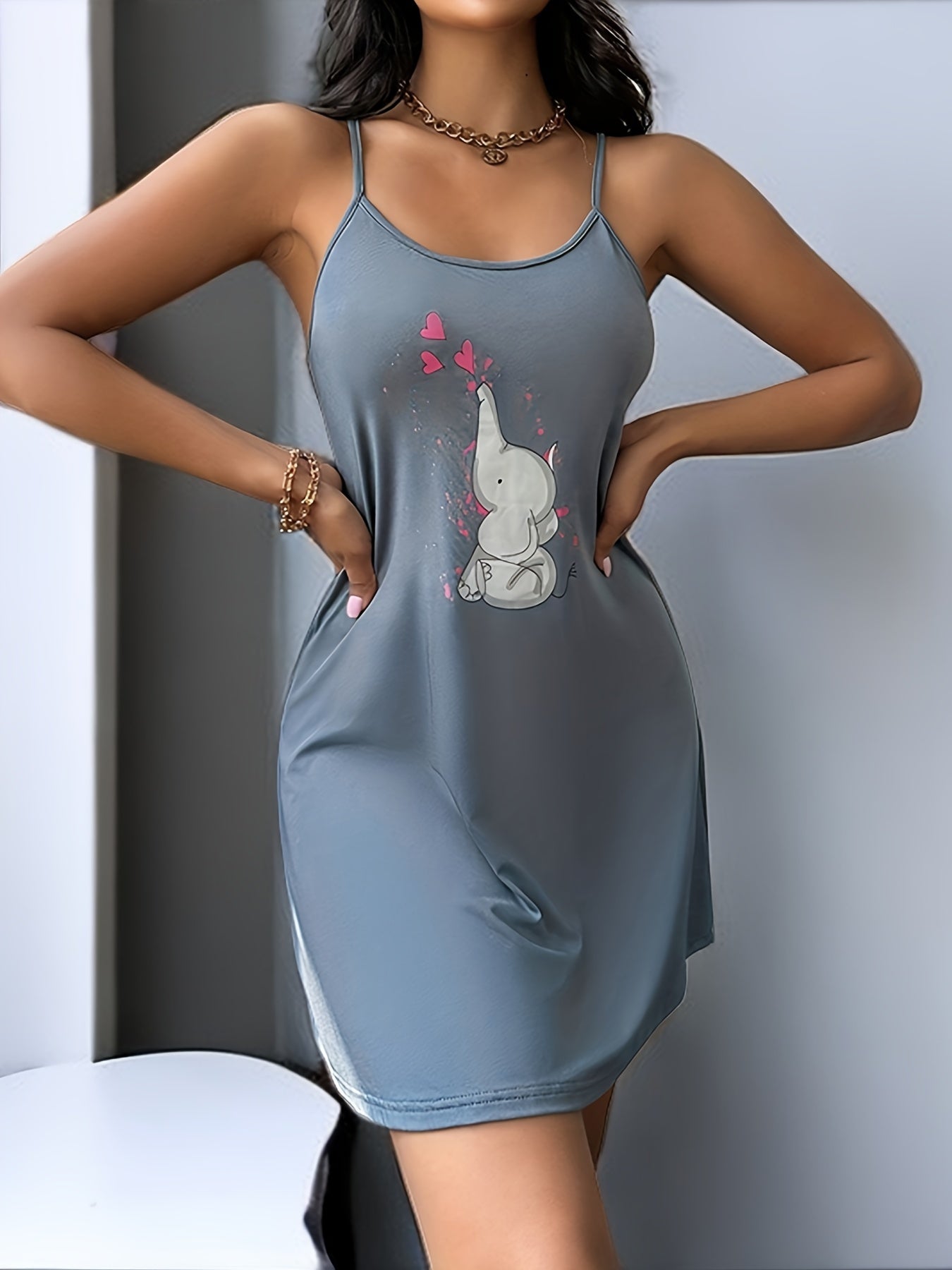 Elephant Print NightDress Backless Slip Pajama Dress Women's Sleepwear