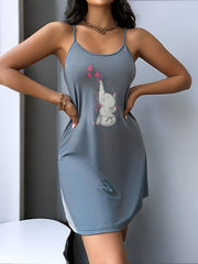 Elephant Print NightDress Backless Slip Pajama Dress Women's Sleepwear