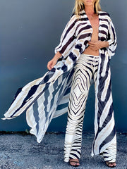 Stripes Tie Front Cover Up Cardigan & Drawstring Pants Set
