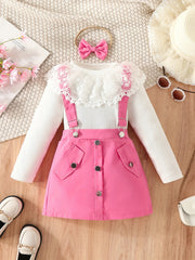 Girl's Top & Jumpsuit Set Lace Ribbed Skirt Casual Outfits Kids Clothes